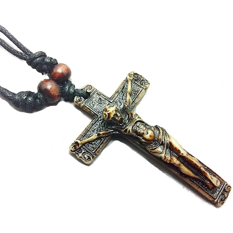Vintage Resin Jesus Cross Pendant Necklace Beads Leather Rope Men Women Retro Prayer Choker Necklaces Fashion Jewelry s|fashion choker|cross