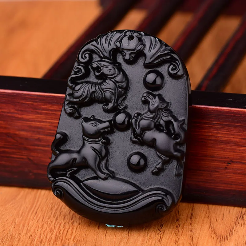 Натуральный черный обсидиан бусы ожерелье ручной работы Тигр собака лошадь