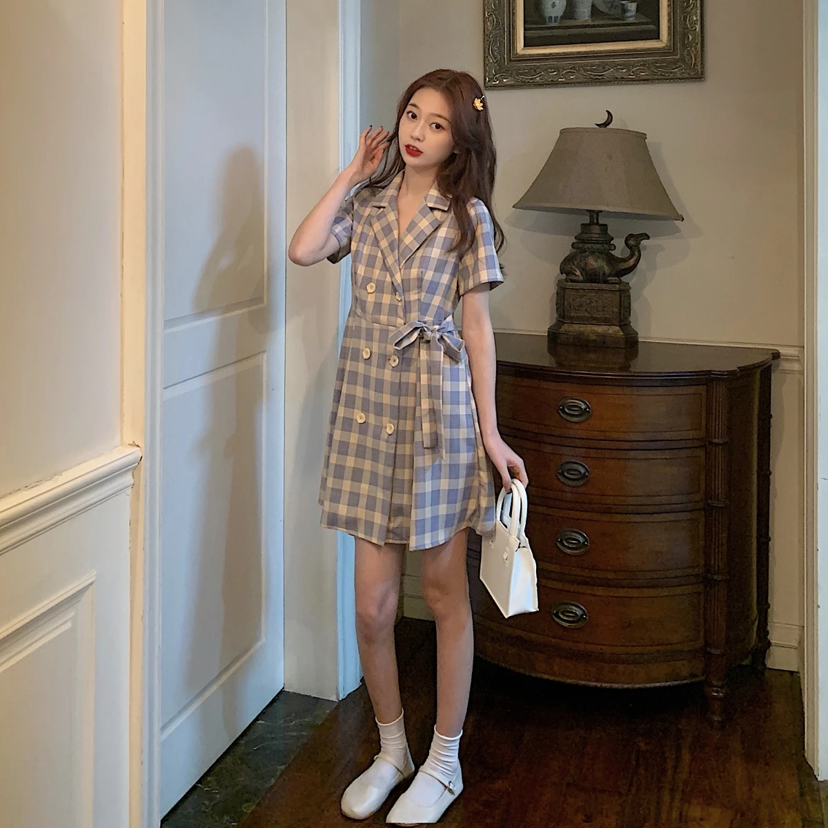 

Retro French First Love Platycodon Grandiflorum Slim-Fit Plaid Short Sleeve Salty Sweet Dress Fairy Chic Gentle