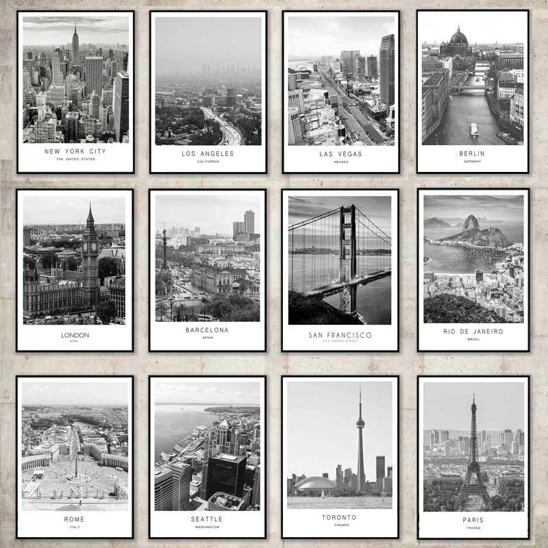 

World City Landscape Paris London New York Nordic Posters and Prints Black White Wall Art Canvas Painting Picture for Home Decor