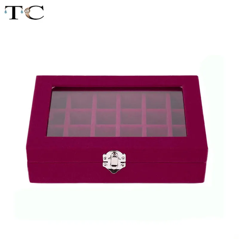 Бархатная шкатулка для ювелирных украшений с 24 ячейками и стеклянным покрытием