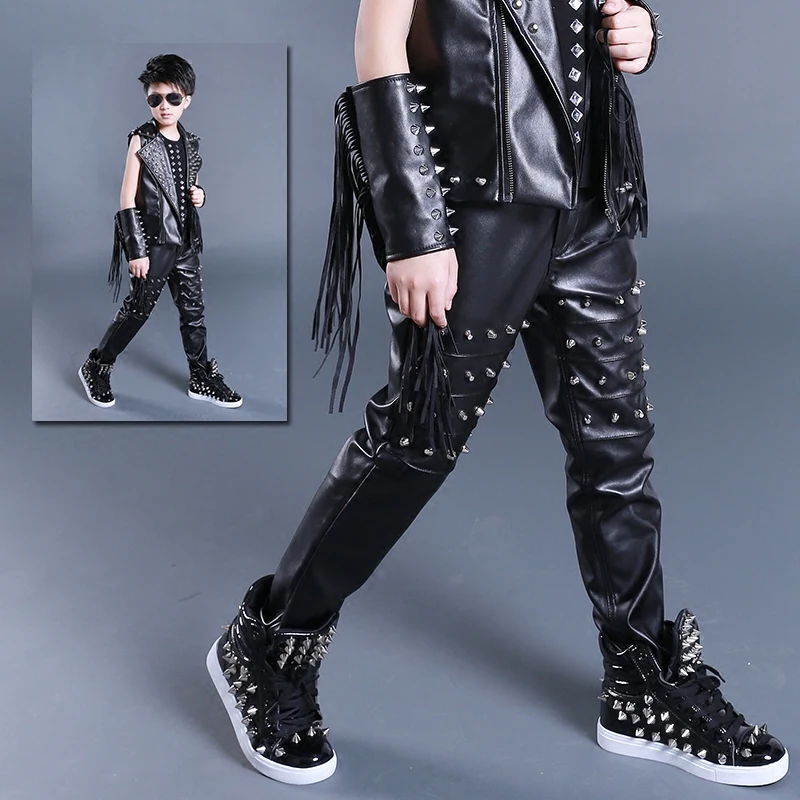 

2021 NEW Jazz Dance Costumes Studded Leather Pants Street Dancing Modern Boys Clothes Kid Hip Hop Clothing Stage Show Dancewear