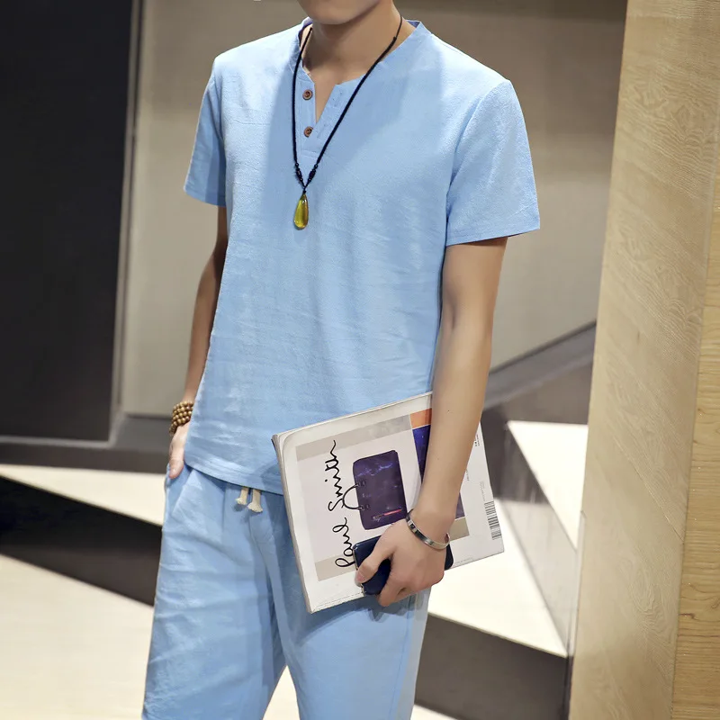 Летний Новый льняной костюм с футболкой и шортами коротким рукавом для молодых