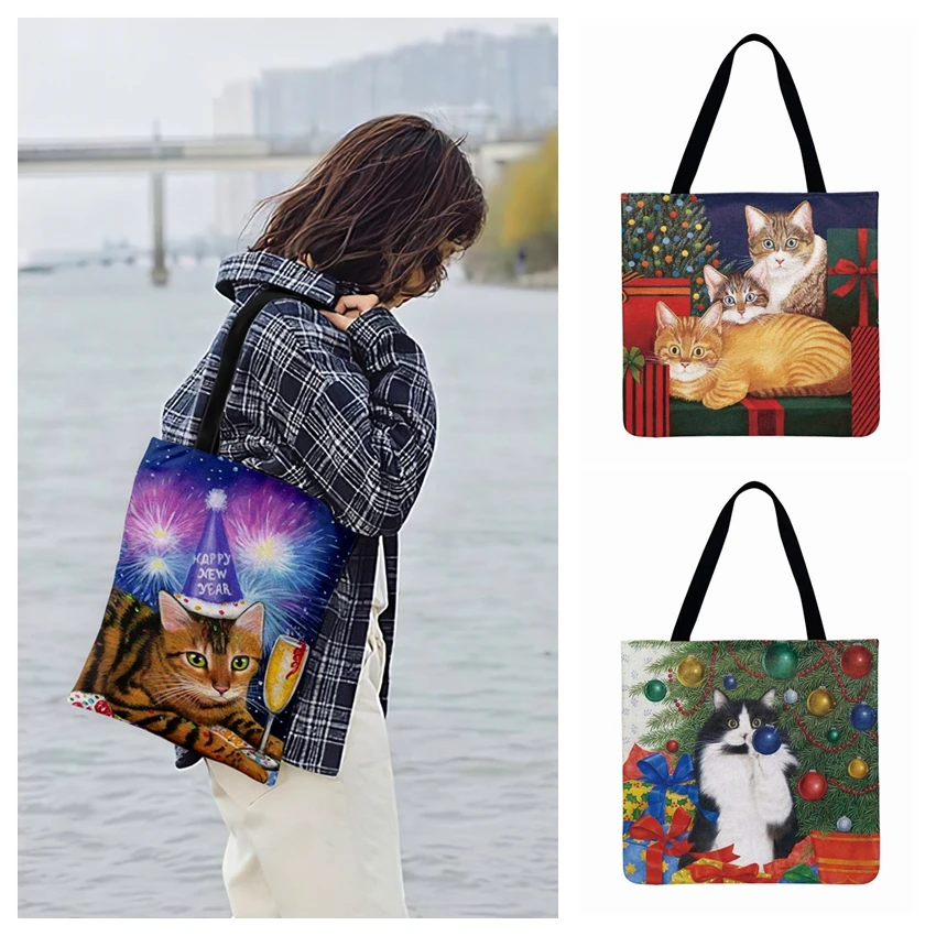 

Рождественский подарок, милая сумка-тоут с принтом кота для женщин, повседневная сумка-тоут, уличная пляжная сумка, женская сумка на плечо, с...