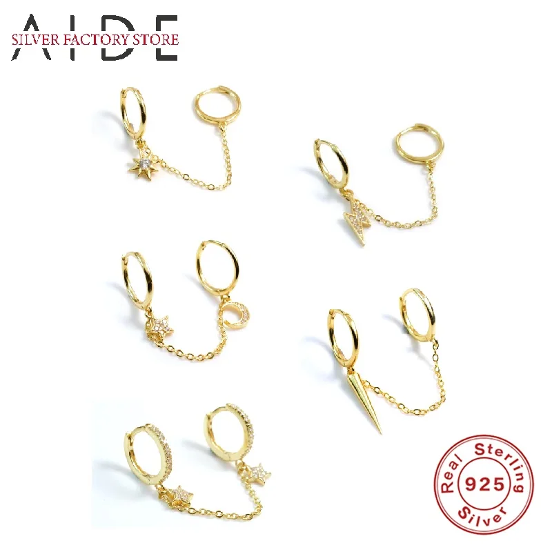 

AIDE Fashion Double Hoops Chain Hoop Earrings for Women Rivet/Moon/Star/Lightning pendientes Earings Silver 925 Jewelry brincos