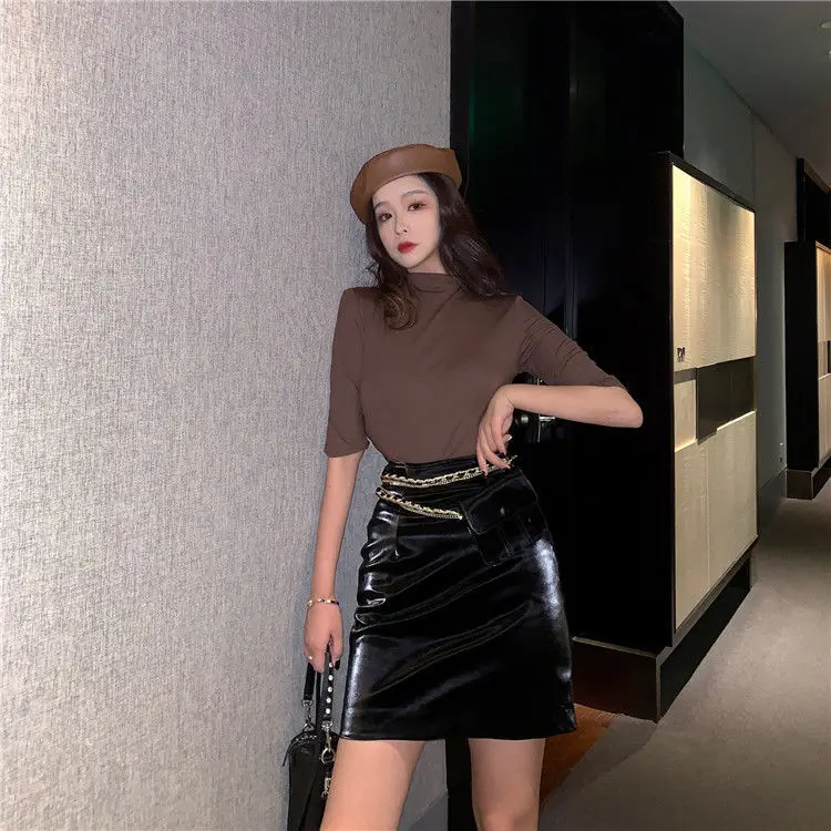 Модные однотонные юбки-карандаш из искусственной кожи на молнии с кольцом 2018