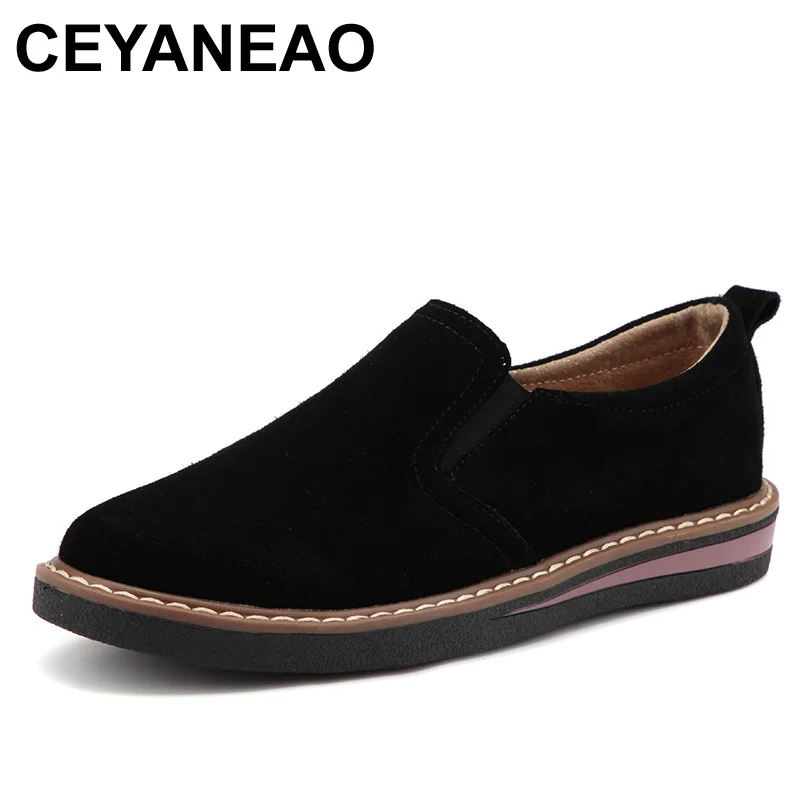 

CEYANEAO2018New Autumn women flats shoes women slip on loafers suede Genuine Leather shoes handmade Round Toe boat shoesE1207