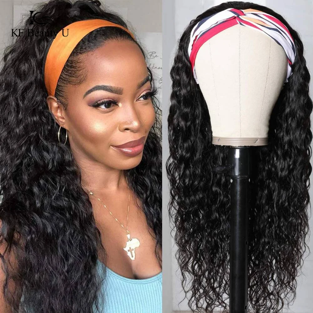 

Water Wave Headband Wig Human Hair for Black Women 10"-28" 150% Density Peruvian Remy Hair Ice Silk Scarf Free Headband as Gift