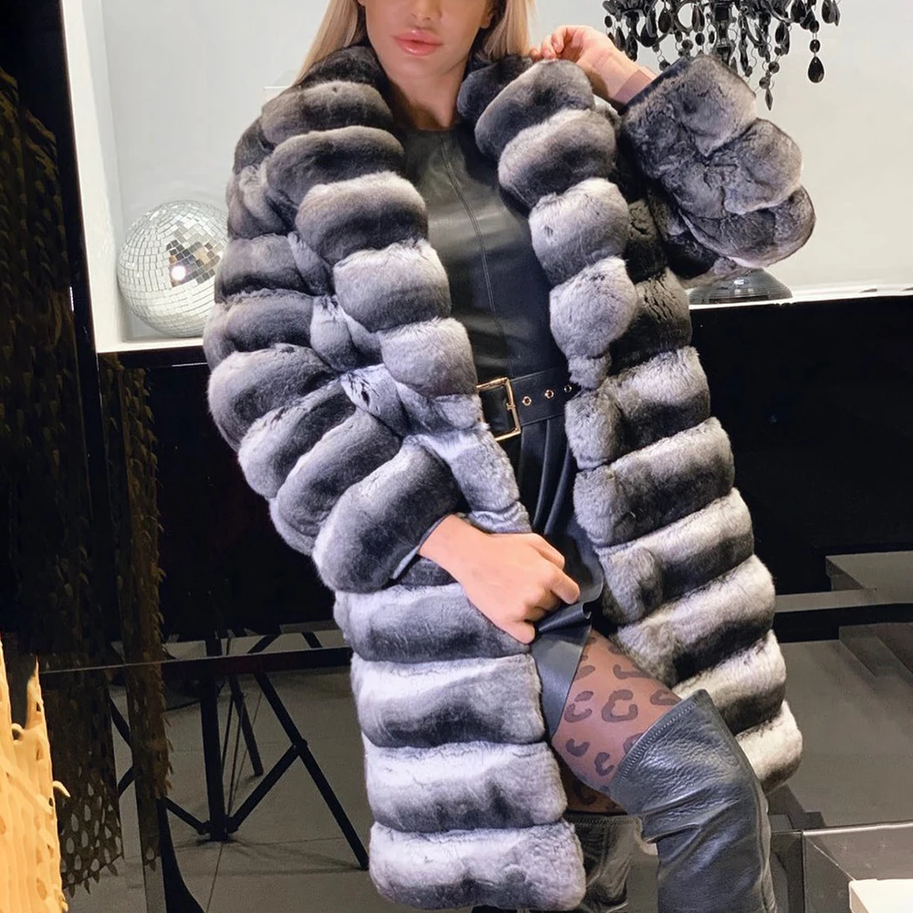 90cm Long Real Rex Rabbit Fur Coats for Women Winter Outwear Natural Chinchilla Color Rex Rabbit Fur Overcoats Luxury Woman 2022