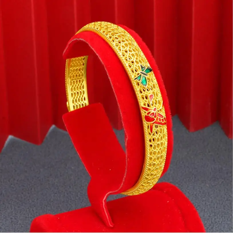 

hi C 6cm Enamel wedding bracelet 24K yellow Gold plated hollow out insect bracelet engagement Bangles For Women Jewelry bride