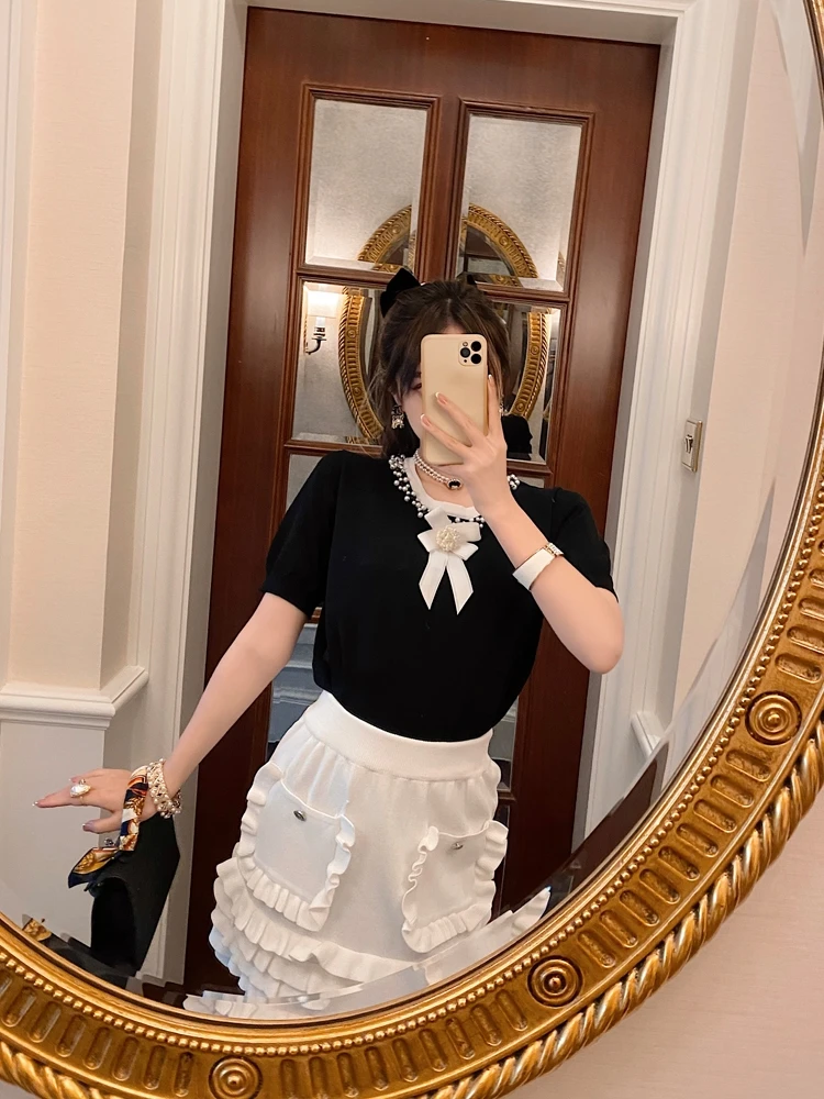 

Round neck beaded bowknot loose beaded sweater core-spun yarn skirt women's suit 2021 summer new top women's clothing