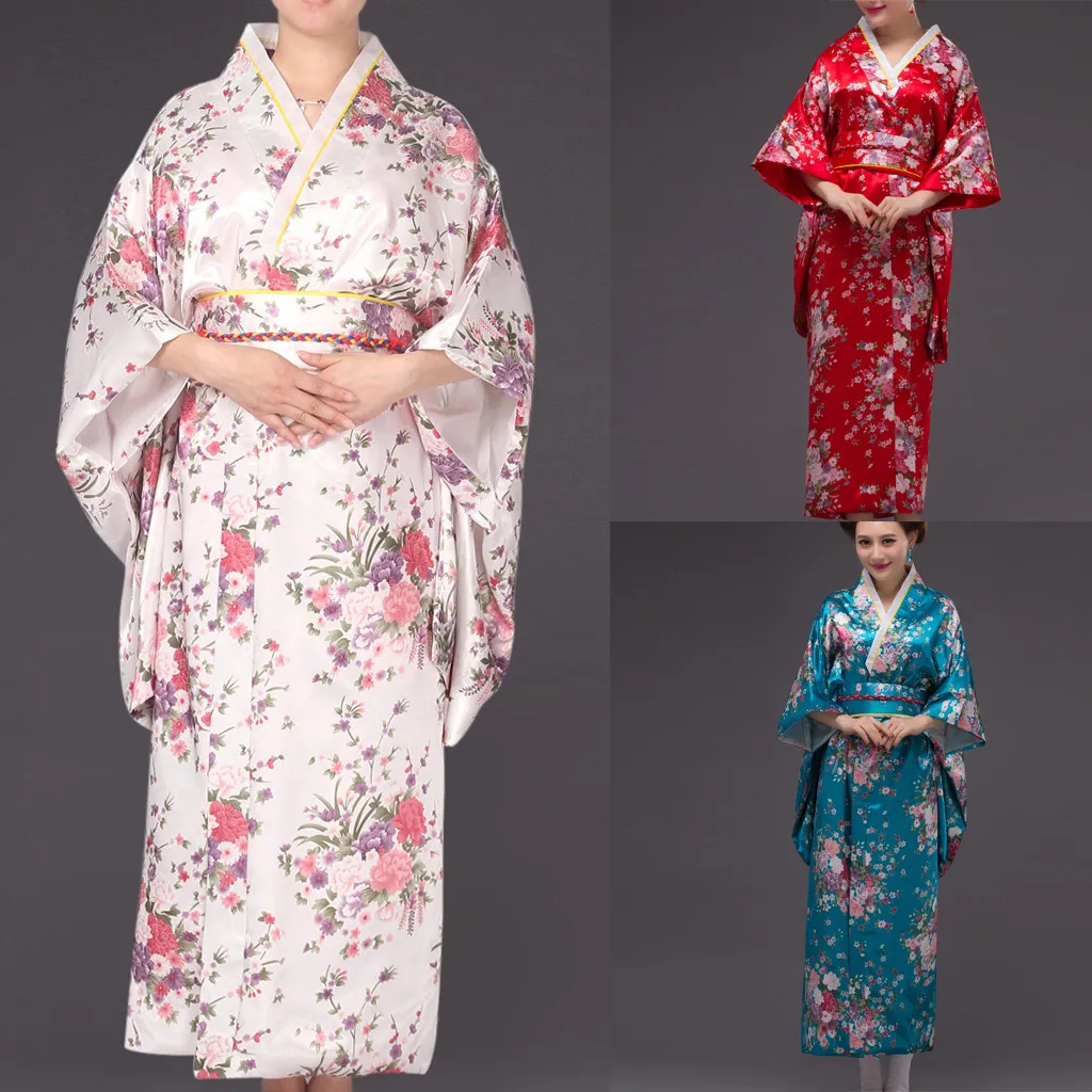 Модные платья свободное японское атласное платье имитация шелка кимоно с