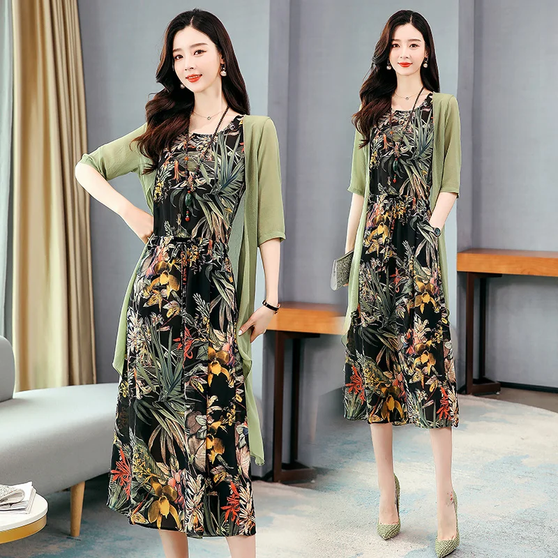 

Summer Women Suits Elegant Floral Printed Lady Dress Two Pieces Female Chiffon Cardigan Sets