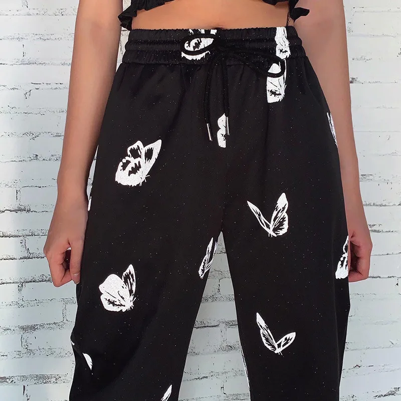 2020 женские брюки с принтом бабочки высокая талия свободные черные WDC4698 | Женская