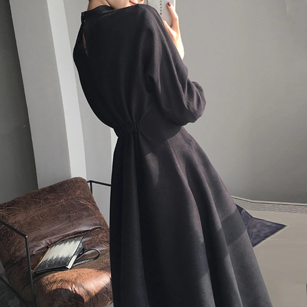 Осеннее элегантное платье в Корейском стиле с воротником стойкой винтажном