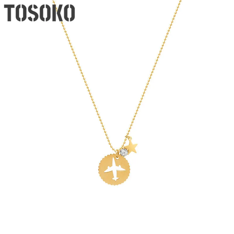 

TOSOKO Stainless Steel Jewelry Hollow Out Plane Star Zircon Necklace Actress Elegant Clavicle Chain New Year Gift For Women P871