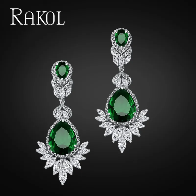 Green Earring RAKOL элегантный роскошный большой голубой цвет воды Dorp кулон серьги ожерелье Изысканный кристалл набор украшений для женщин RAS2014K - Окраска металла: Green Earring