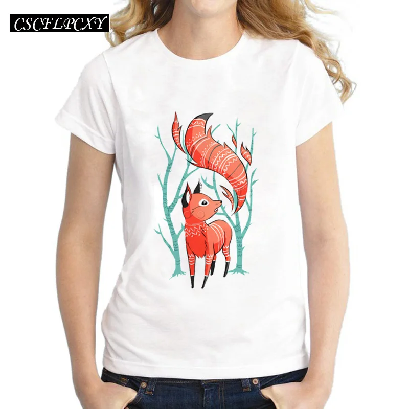 Женская футболка с короткими рукавами Зимняя Повседневная принтом лисы лето 2016 |