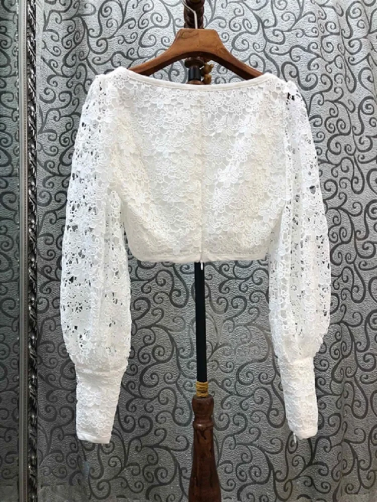 

Crop Tops 2020 Spring Summer High Quality Tops Women O-Neck Allover Crochet Lace Embroidery Long Sleeve Sexy White Tops Blouses