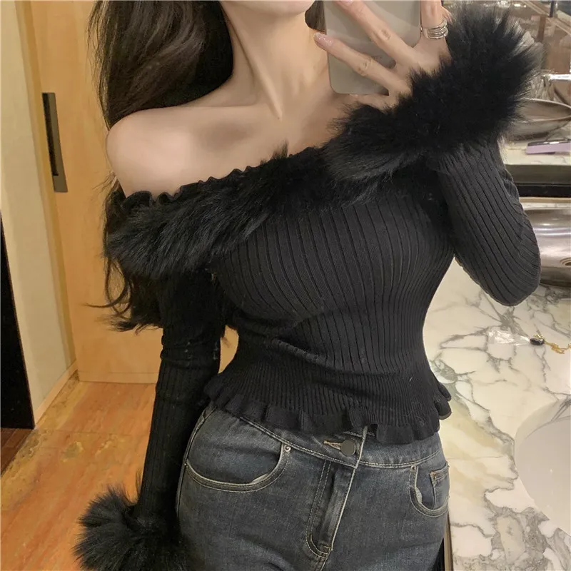 

Sweater Women Lace Halter White Christmas Sweater Autumn and Winter Fluffy Fur Stitching Long Sleeve Pullover Short Tights