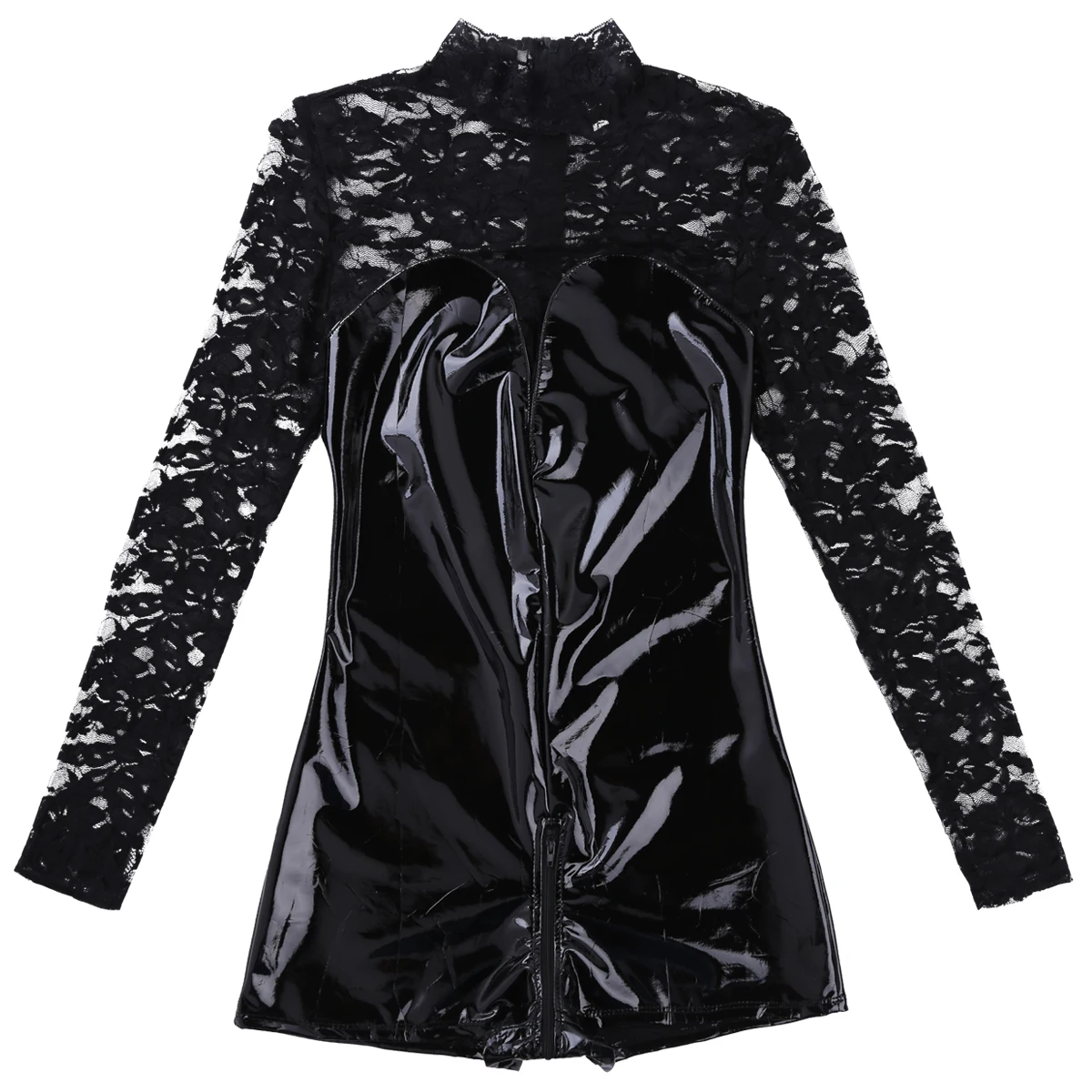Комбинезон женские Комбинезоны Wetlook из лакированной кожи с кружевом в стиле пэчворк, с высоким воротом, с длинными рукавами, на двойной молнии, трико, боди