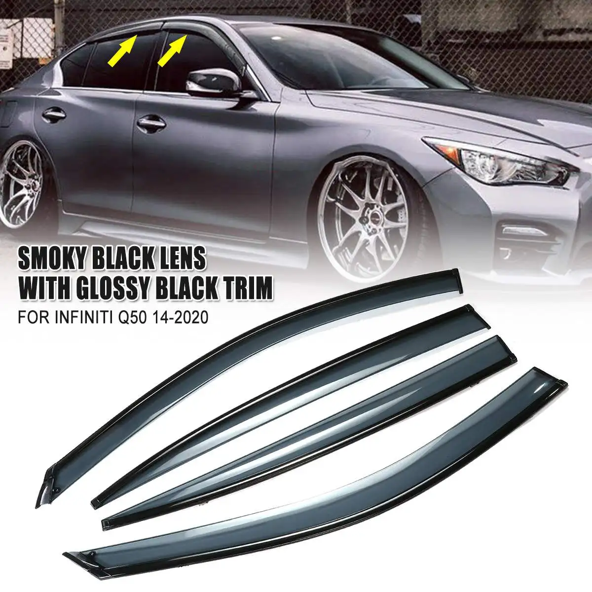 

4pcs Glossy Light Smoked Tinted Vip Jdm Clip-on Smoke Tinted Window Visor W/Black Trim For Infiniti Q50 14-2020 Sun Rain Guard