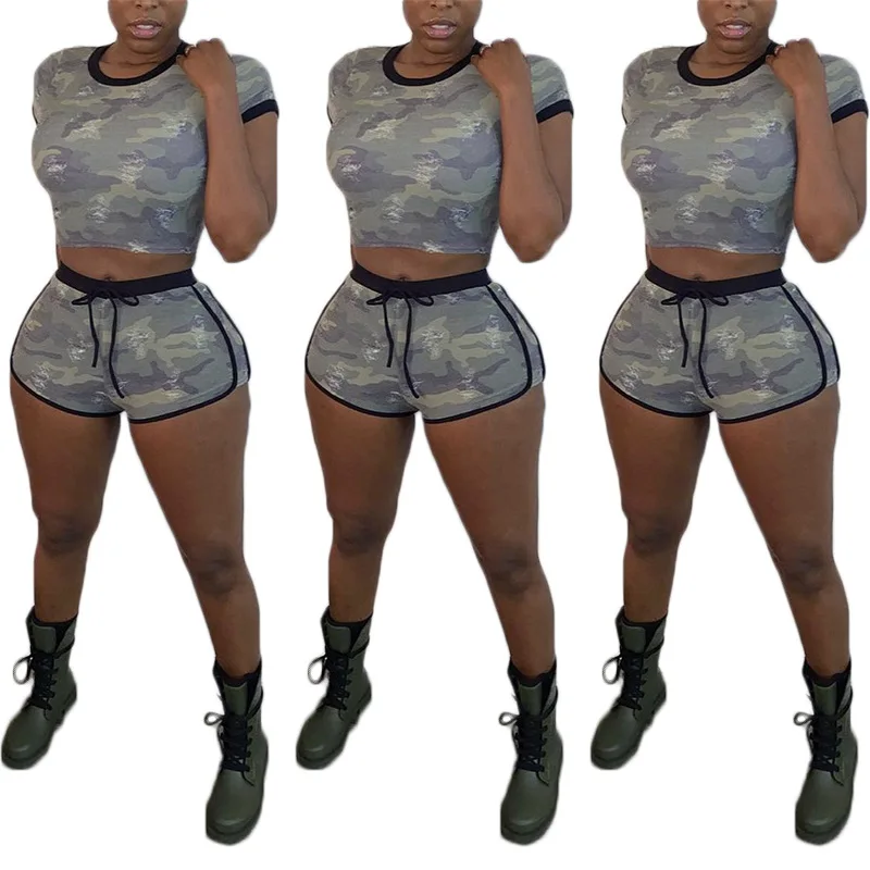 

Women Tracksuits Summer Casual Camouflage Casual Printed Short Sleeves Shorts Sets Outfits Cotton Blends