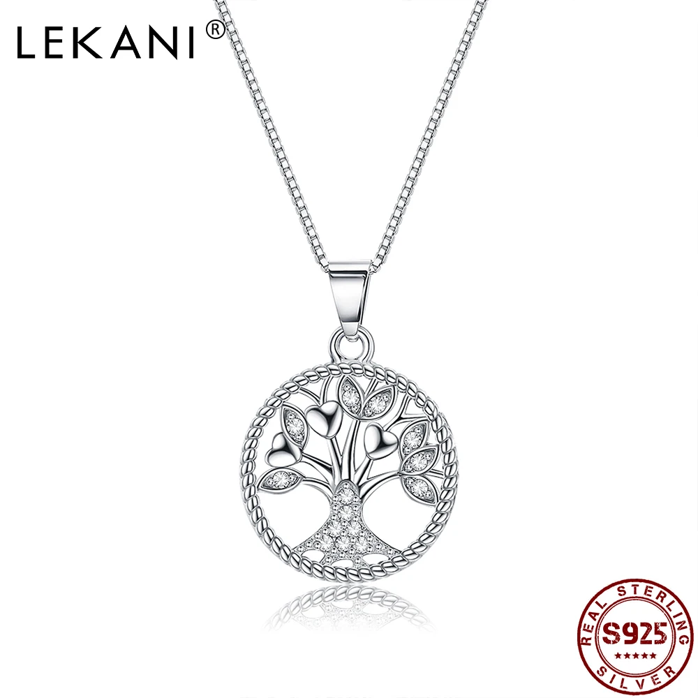 

LEKANI Light Luxury Necklace For Women S925 Sterling Silver Life Tree Cubic Zirconia Leaf Pendent Necklace Disk Shape Jewelry
