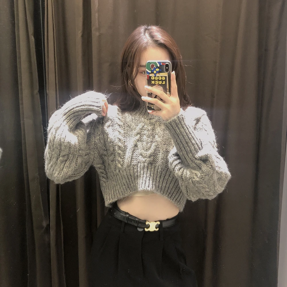 

2021 new autumn and winter women's sweater eight-stranded loose short streetwear trend warm retro fashion sweater women's top
