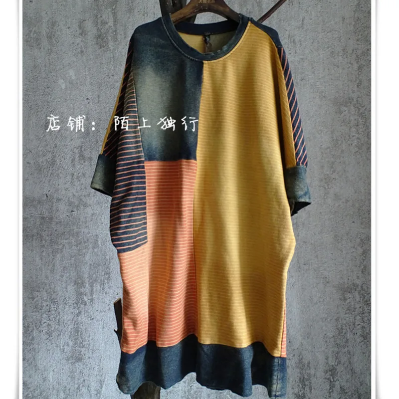 

QING MO Women Striped Patchwork Dress 2021 Fashion Women Denim Stitching Dress Female Batwing Sleeve Dress ZQY7060