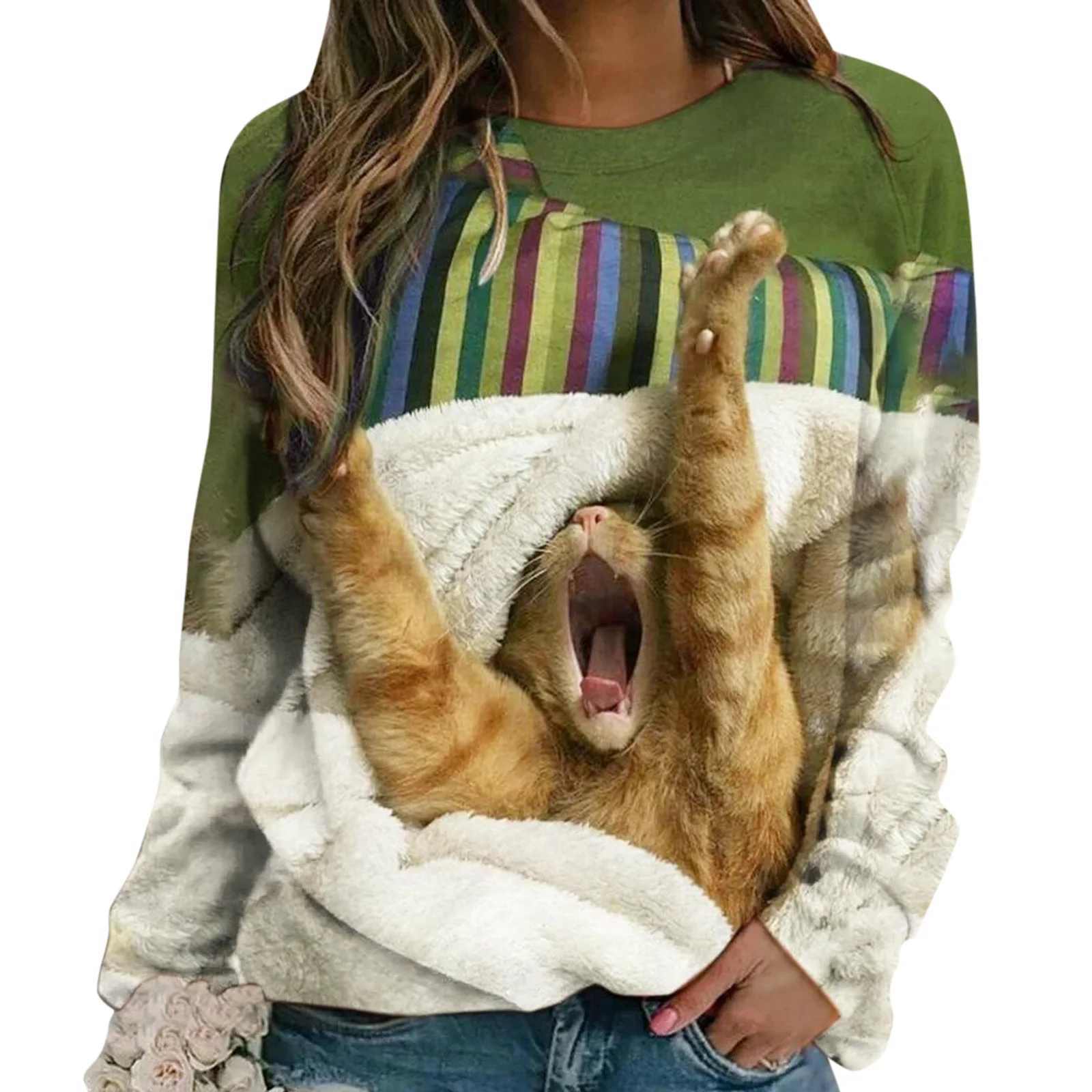 

Mouse And Cat Printed Sweatshirt Soft Comfortable Long Sleeve Round Neck Loose Type Top for Women Winter