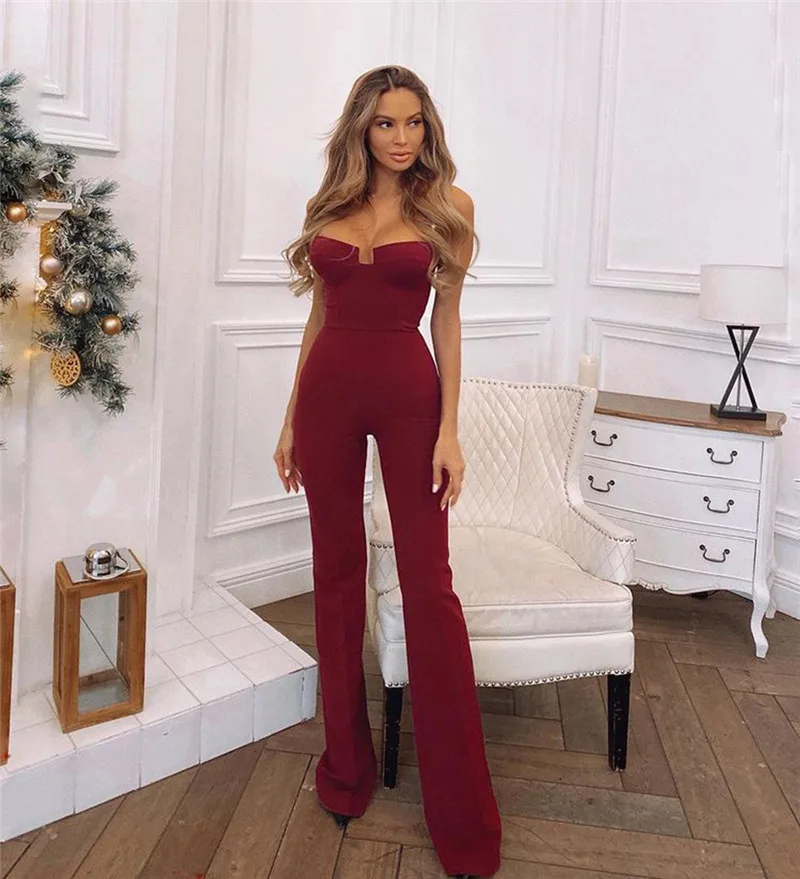 

Женский Облегающий комбинезон с жемчужной цепочкой, комбинезоны без бретелек с широкими штанинами, вечерние праздничные комбинезоны знаме...