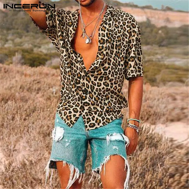 

INCERUN Summer Fashion Shirt Men Leopard Print Short Sleeve Lapel Neck Hawaiian Beach Tops Streetwear Shirts Men Camisas Hombre