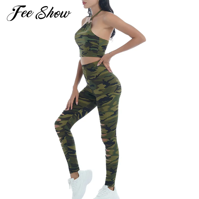 

Женский комплект для бега и йоги, спортивный костюм, спортивные костюмы для фитнеса, камуфляжный укороченный топ с лямкой на шее и штаны с вы...