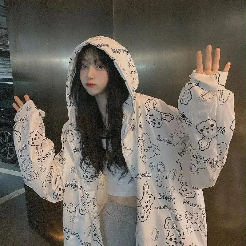 

Spring Autumn Thin Sweatshirt Women Oversized Streetwear Cartoon Print Letter Harajuku Zip Up Hoodies Jacket All-match Loose Top