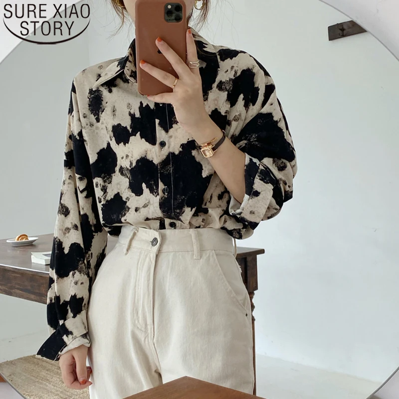

loose Streetwear Casual Tops Women Long Sleeve Blouse Cow Print Button Up Shirts Korean Fashion Clothes Spring New 16104