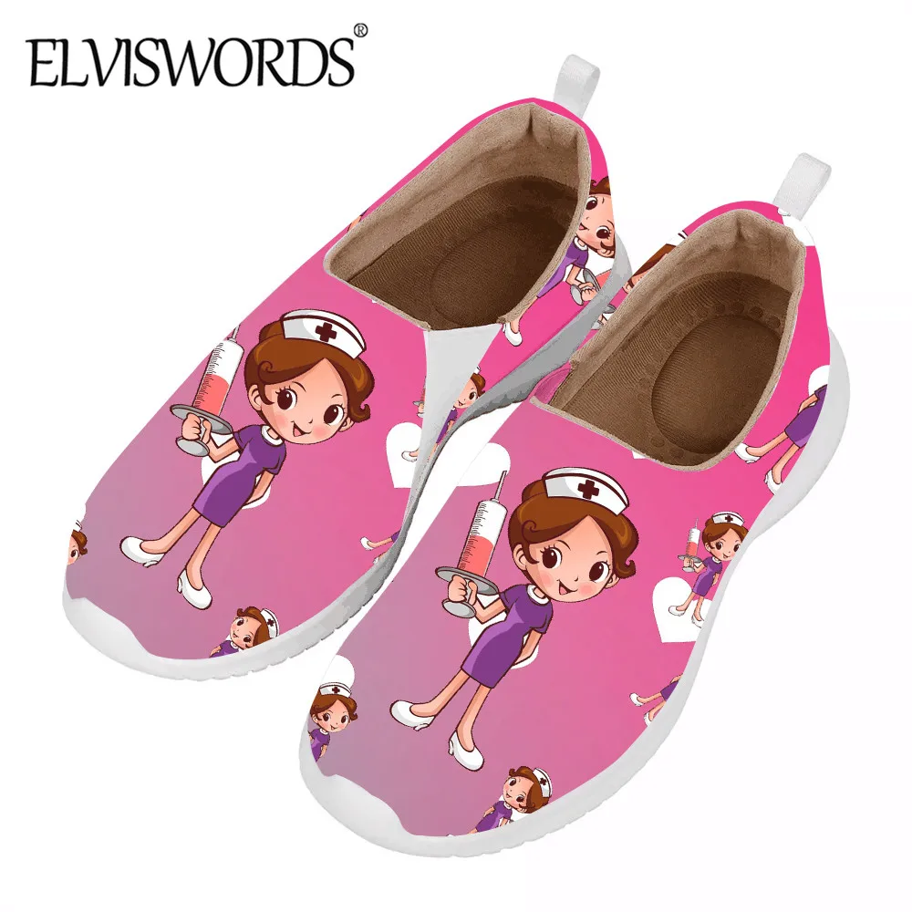

ELVISWORDS So Cute Pink Nurse Print Flat Shoe Women's Fashion Slip On 2020 Spring/Autumn Casual Comfortable Cloth Footwear