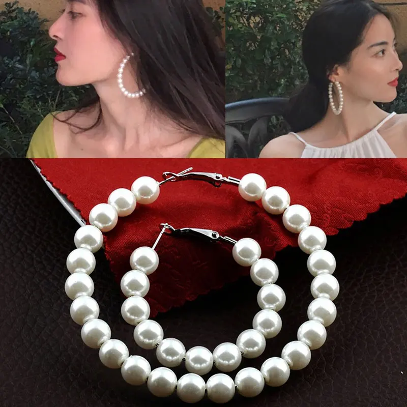 

White Imitation Pearl Round Circle Hoop Earrings Women Girl Big Earings Korean Jewelry Statement Earrings 2021 Trend