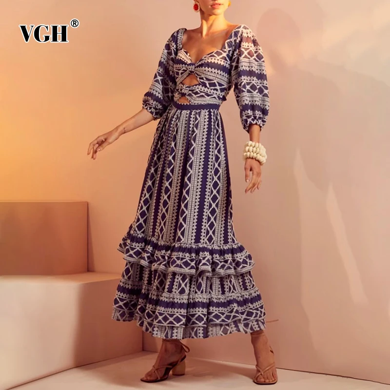 

VGH Vintage Cut Out Ruffle Trim Long Dress Female V Neck Puff Half Sleeve High Waist Maxi Casual Women's Dresses 2021 Summer New