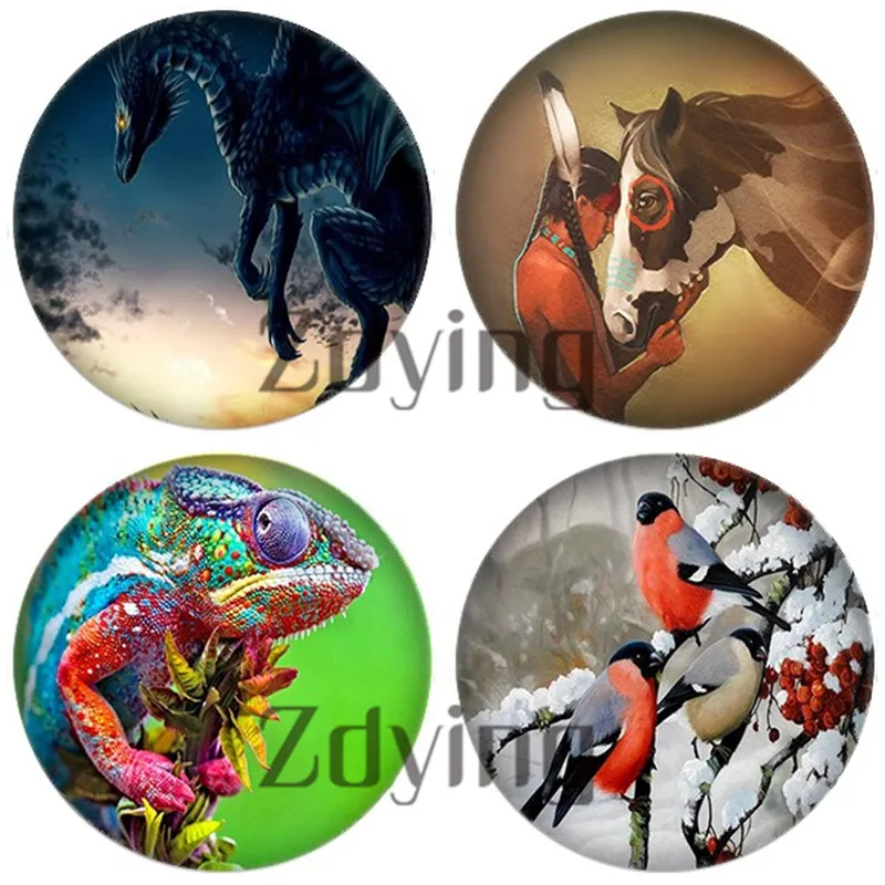 Zdying 5 шт. круглый стеклянный кабошон животное птицы лошадь дракон собака