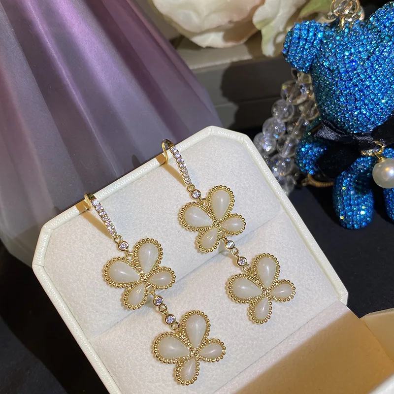 

Butterfly Earring Female Bling Super Flash Luxurious Drip Glaze Epoxy Classic Cubic Zirconia Gold Tassel Designer Jewelry