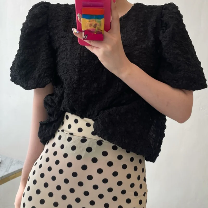 

KUSAHIKI Sweet Korean Woman Shirts Causal Puff Sleeve O-neck Blouse Tops 2021 Summer New Folds Blusas Mujer De Moda 6J560