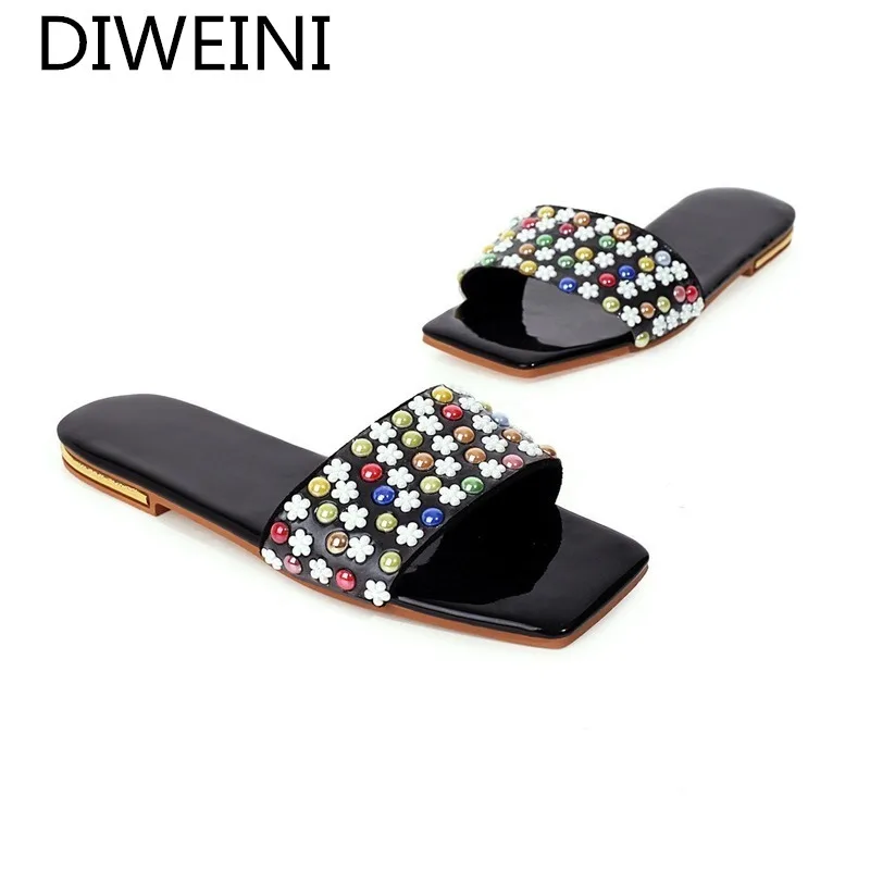 

2021 Women's Shoes Summer Flowers Beaded Open Toe Comfortable Cool Casual Beach Shoes Flat Slippers Women's Candy Color Slippers