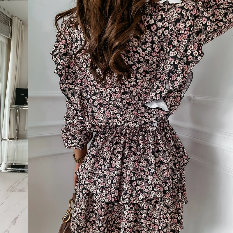

Autumn Cascading Ruffle Floral Dress Women Casual Long Sleeve A Line Leopard Print Dress Boho Female Elegant Mini Party Vestidos