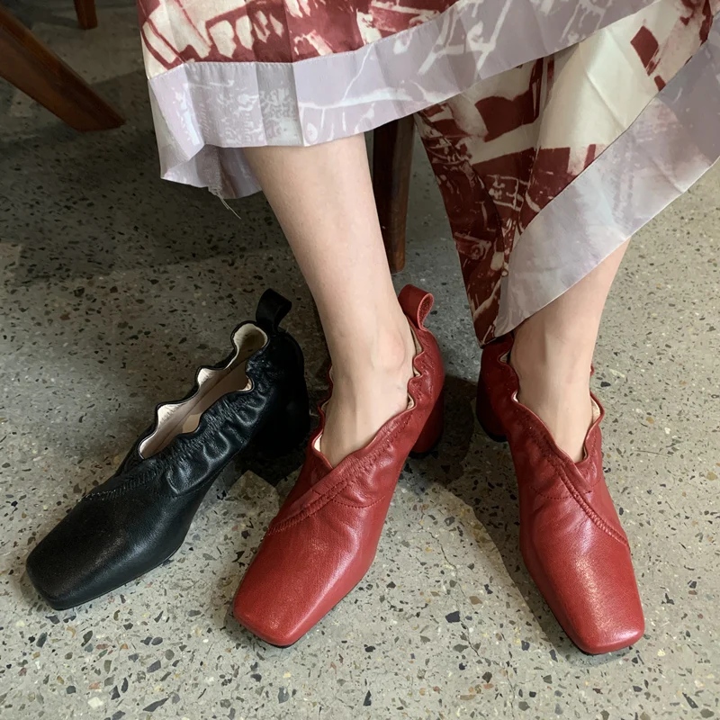 

2020 spring and autumn new thick heel square toe leather high heels comfortable four seasons women's single shoes X390