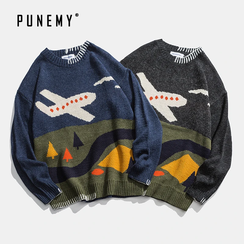 Мужские свитеры в стиле хип-хоп Осенний акриловый пуловер оверсайз ретро с