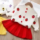 Осенне-зимний детский костюм для девочек, одежда для маленьких девочек, кардиган с фруктами, свитер с юбкой, вязаная детская одежда из двух предметов