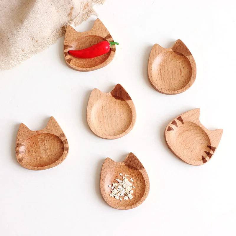

Japanese Style Beech Small Dish Cat Pattern Wooden Dipping Sauce Seasoning Dish Snack Sushi Tray Kitchen Household Vinegar Dish