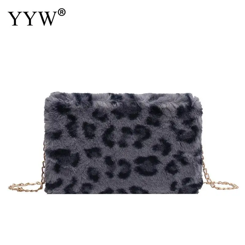 

YYW Clutch Women'S Plush Leopard Style Box Bag Winter Female Chain Crossbody Bag Fashion Party Clutch Purse 2019 Bolso Mujer