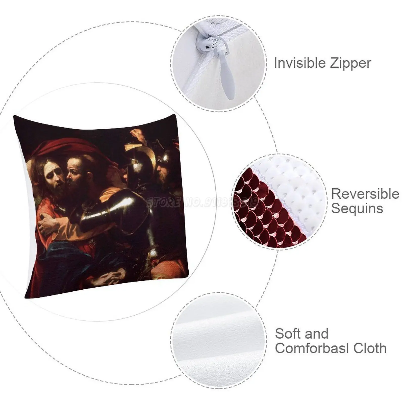 Easter : The Taking of Christ by Caravaggio Sequin Pillowcase Glitter Throw Pillow for Party Cafe Home Sofa Pascha Pascoa |